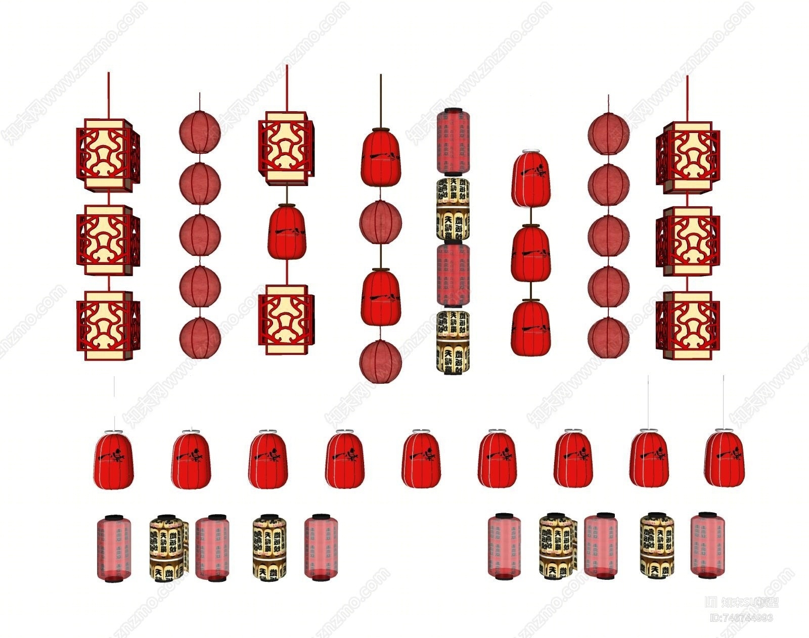 中式红灯笼组合SU模型下载【ID:746744993】