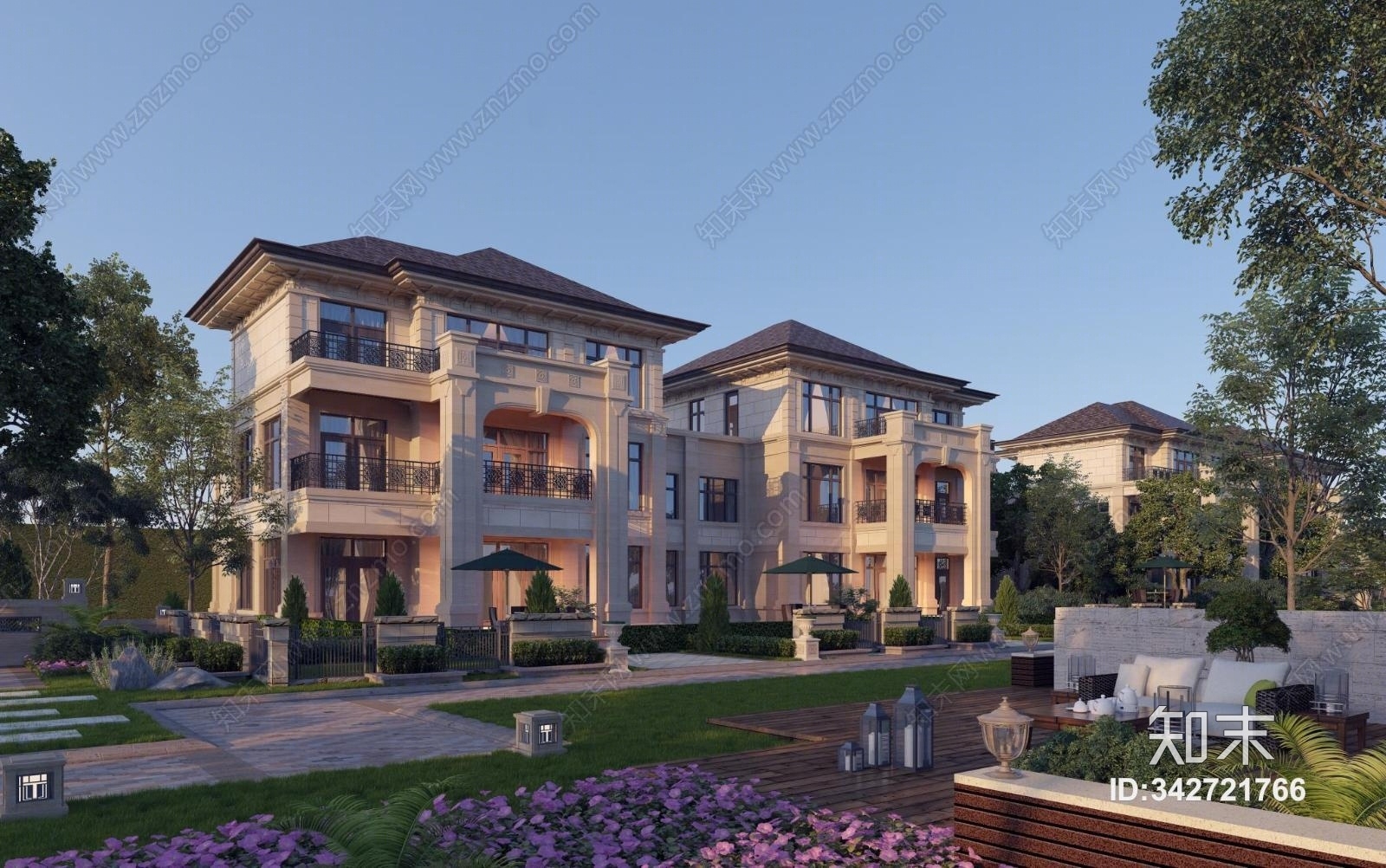 简欧欧式双拼别墅建筑外观3D模型下载【ID:342721766】
