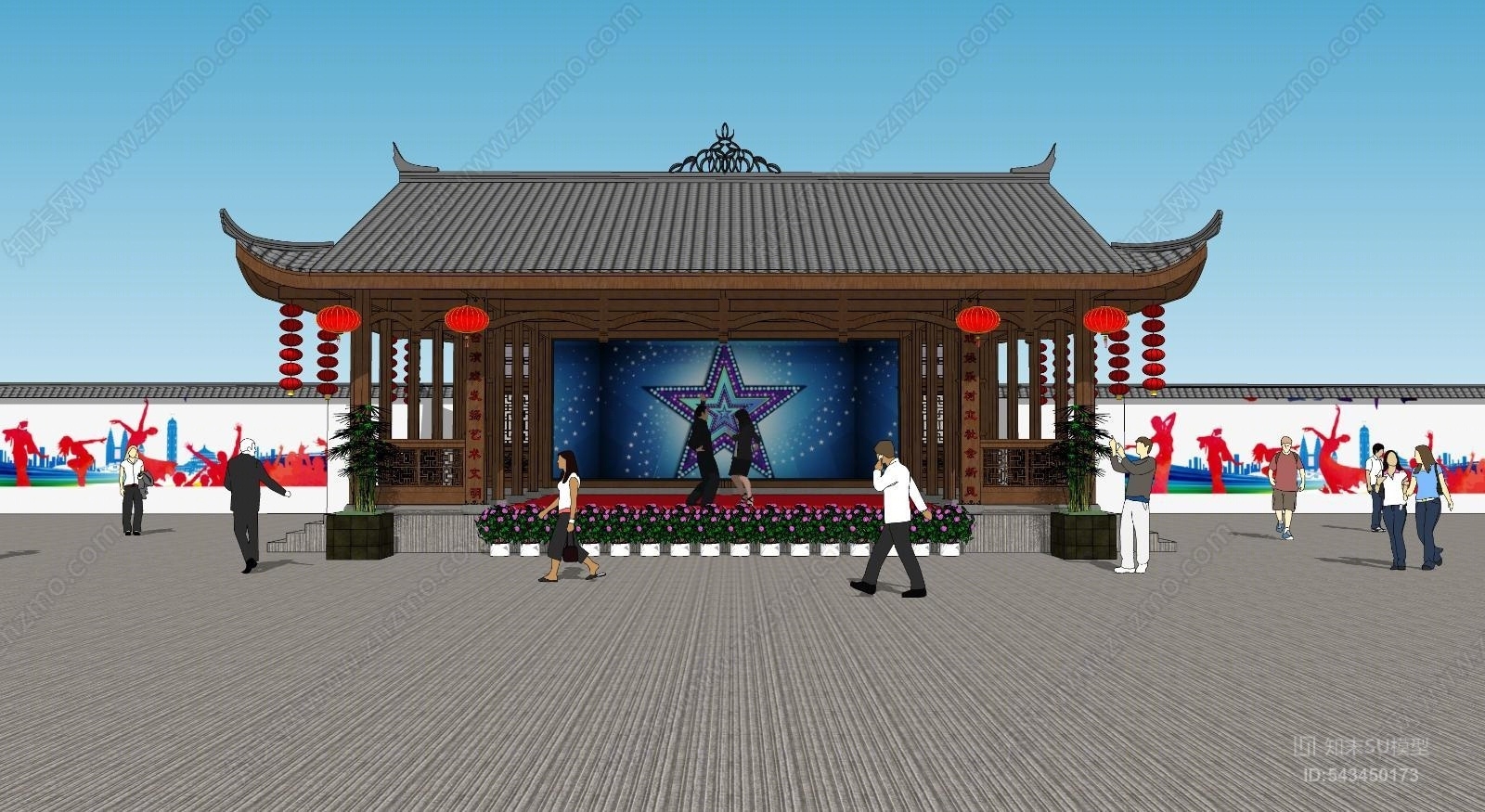 中式木屋大舞台SU模型下载【ID:543450173】