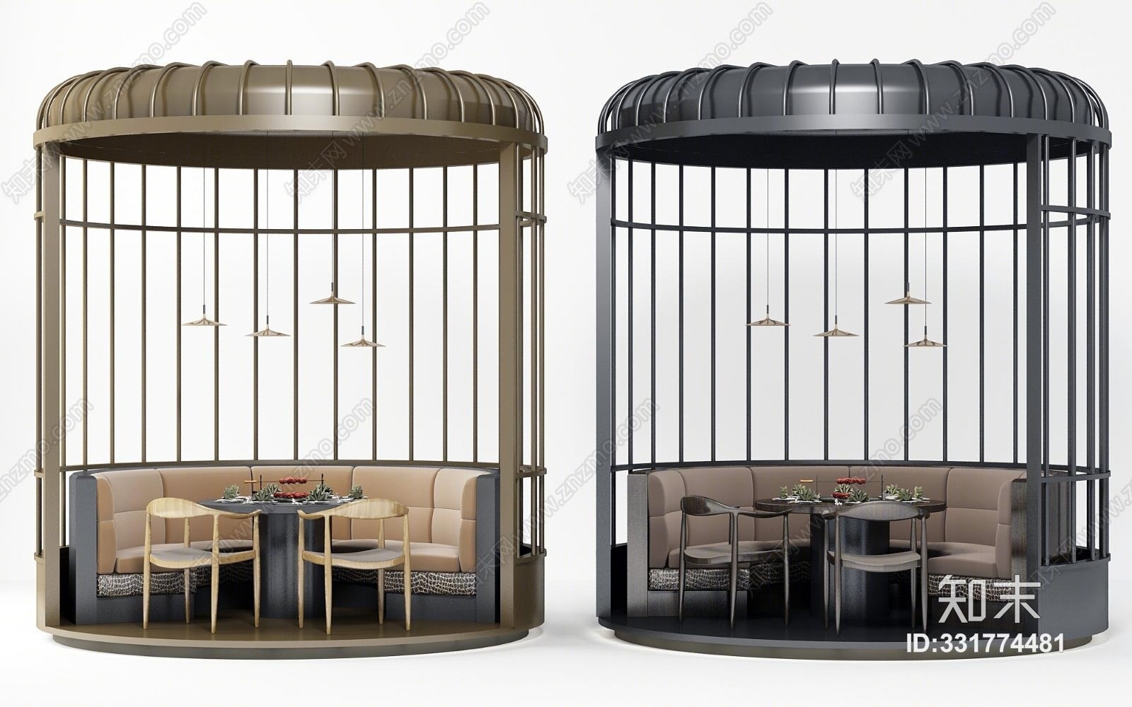 现代圆形卡座餐桌椅组合3D模型下载【ID:331774481】
