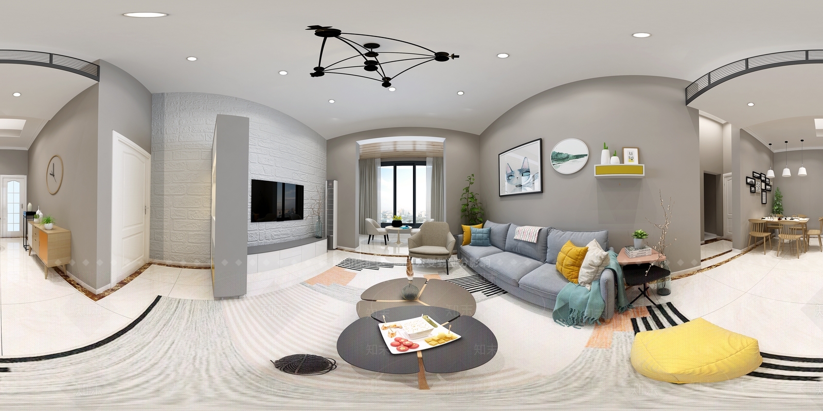 北欧黑白灰北欧客餐厅3D全景模型3D模型下载【ID:833183365】