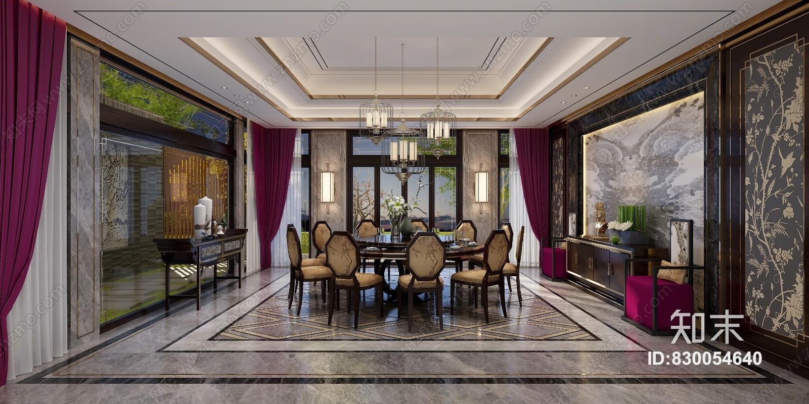 中式古典别墅餐厅八仙桌椅中式背景墙玄关柜新中式沙发餐边柜中式壁灯吊灯3D模型下载【ID:830054640】