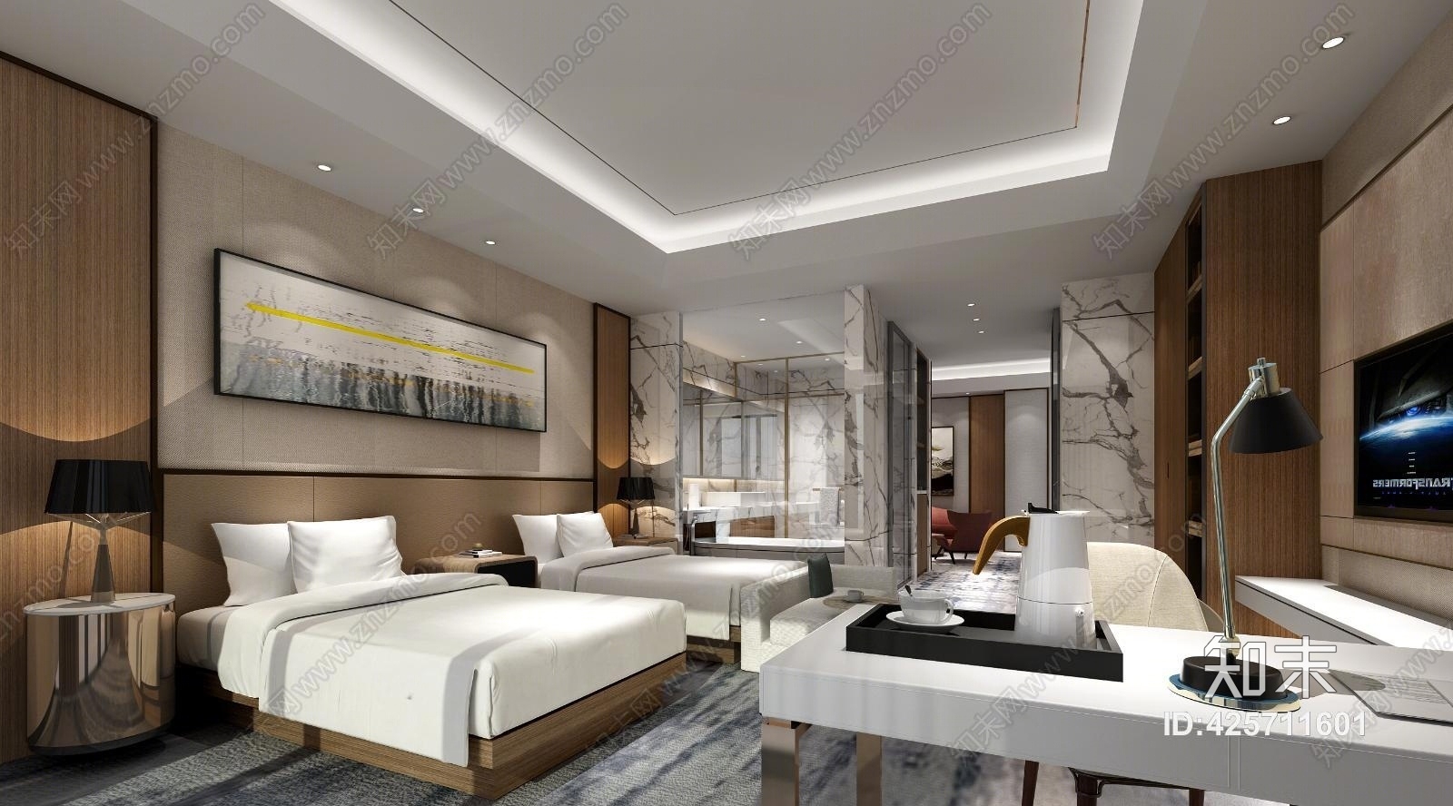 现代酒店客房套间单人床沙发组合3D模型下载【ID:425711601】