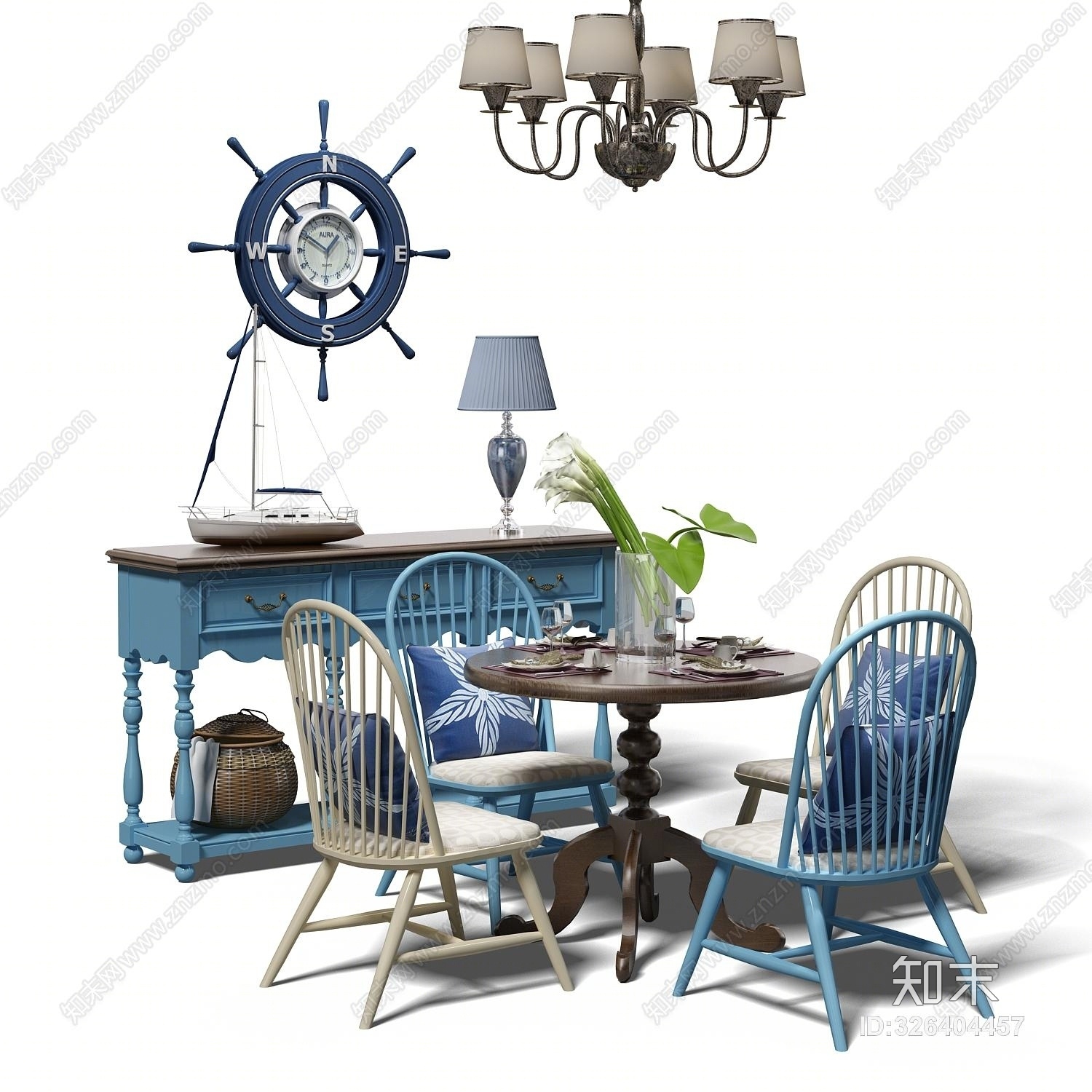 地中海餐桌椅组合3D模型下载【ID:326404457】