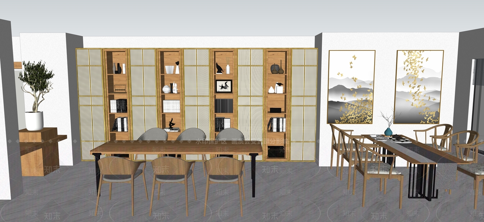 新中式原木风工作室SU模型下载【ID:332573242】
