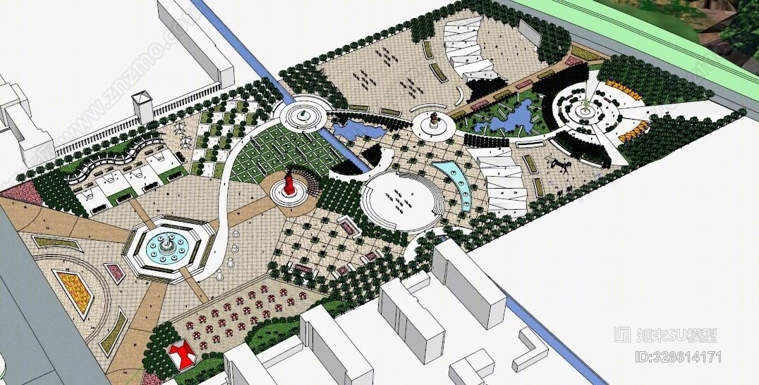 景观规划广场公园设计绿化现代艺术会所明信片SU模型下载【ID:328614171】