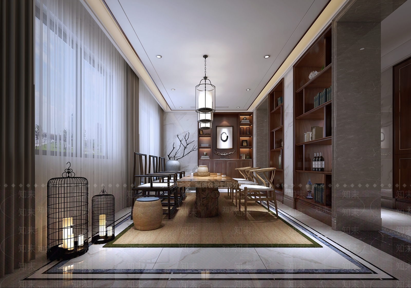 新中式茶室博古架酒柜落地灯茶台吊灯地毯3D模型下载【ID:132510948】