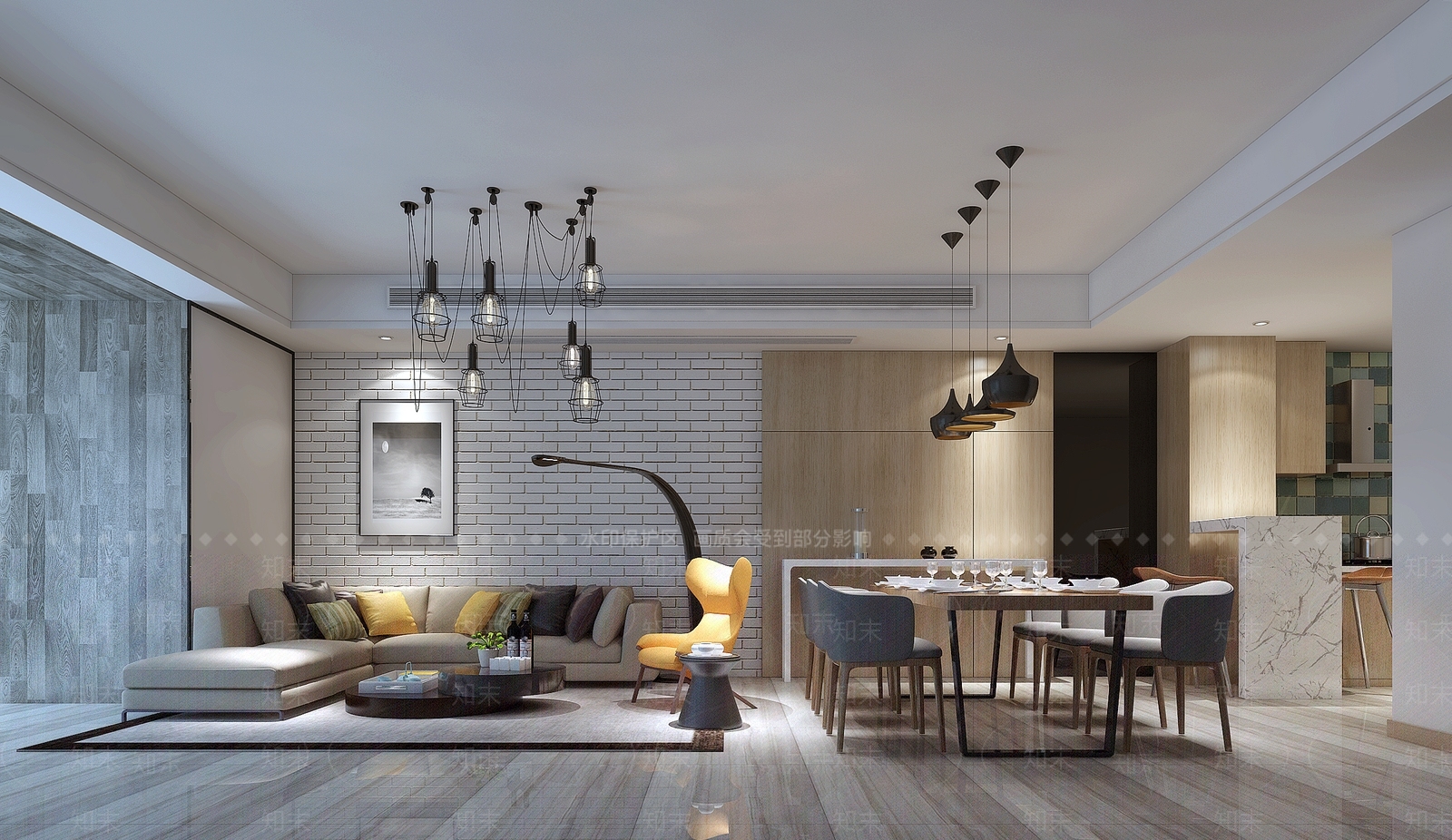 现代客厅餐厅吊灯沙发落地灯餐桌地毯吧台吧椅3D模型下载【ID:732507849】