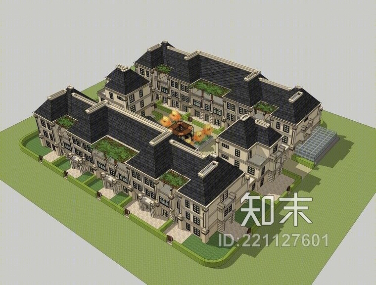 法式联排别墅四合院SU模型下载【ID:221127601】