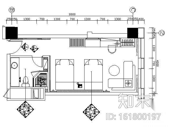 [北京]国际酒店标准间装修图（双床）cad施工图下载【ID:161800197】