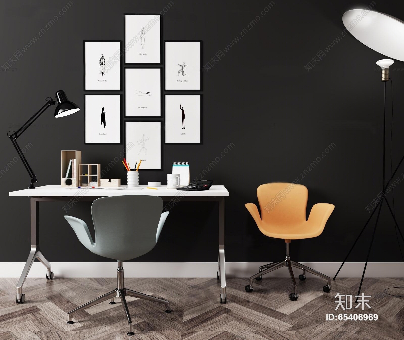 现代办公桌椅文具落地灯组合3D模型下载【ID:65406969】