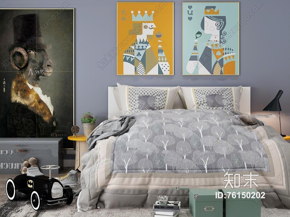 北欧布艺双人床圆几台灯装饰画玩具车3D模型下载【ID:76150202】