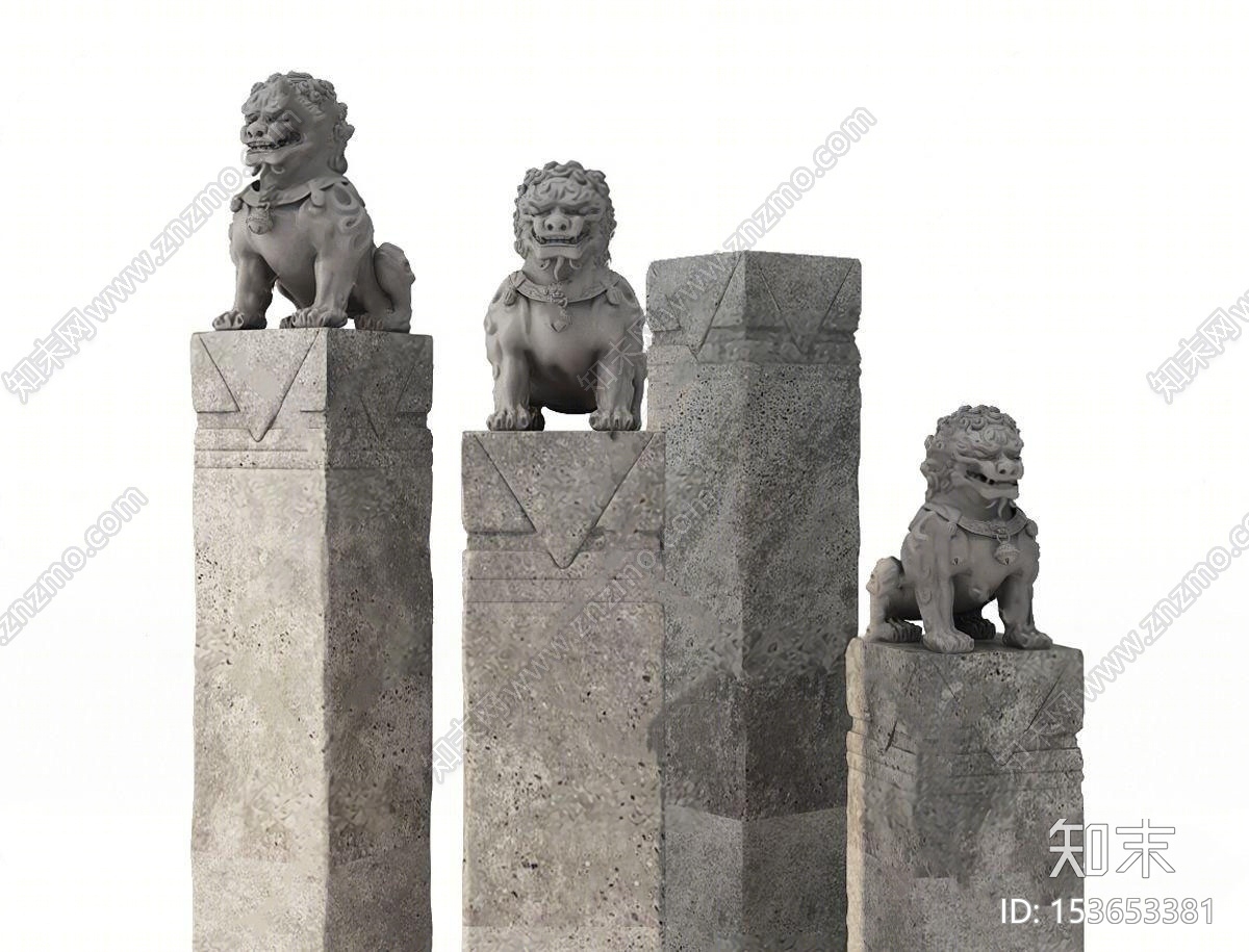 中式狮子石雕组合3D模型下载【ID:153653381】