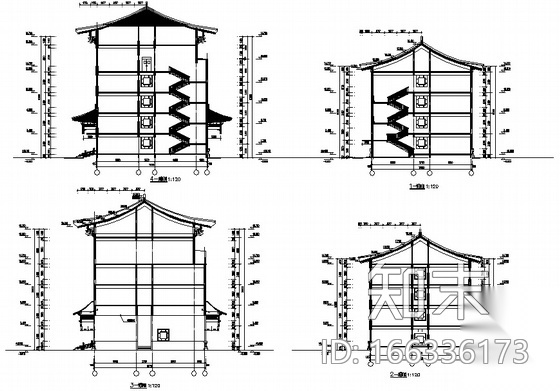 某四层仿古建中学教学楼建筑施工图cad施工图下载【ID:166336173】