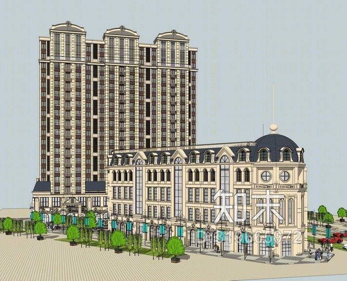 法式商业楼+法式高层住宅SU模型下载【ID:319665972】