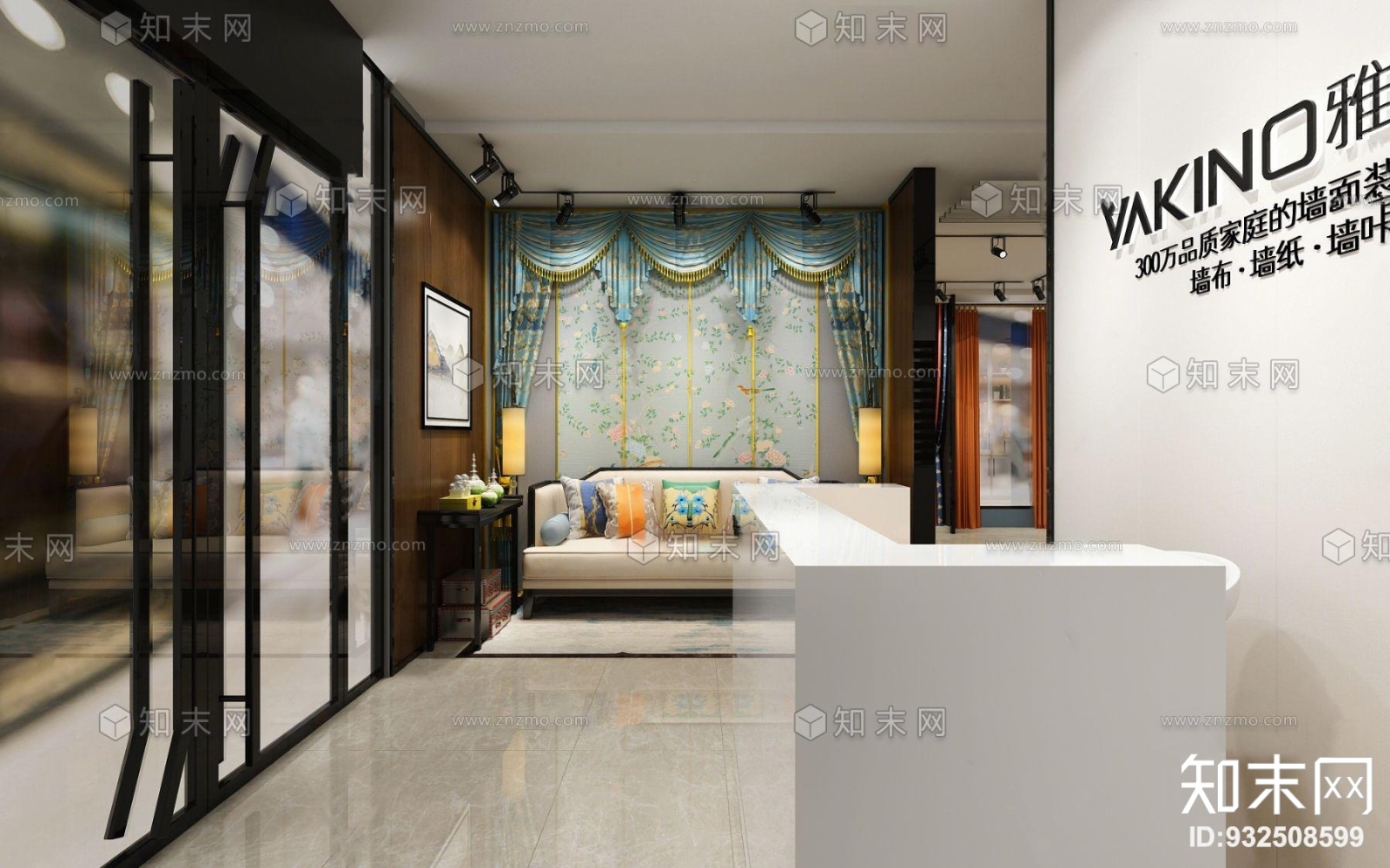 现代窗帘墙纸材料店3D模型下载【ID:932508599】
