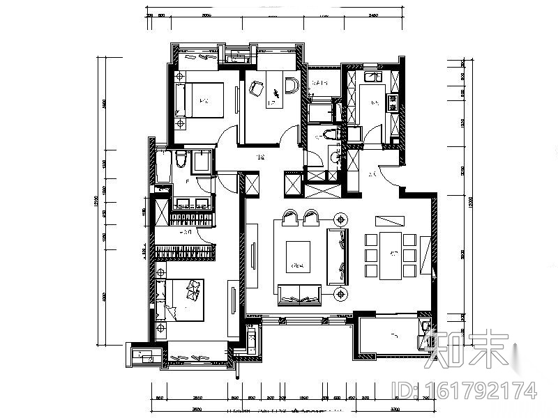 [万科]某小区05公寓140户型三居室内设计图cad施工图下载【ID:161792174】