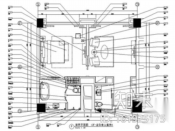 [深圳]知名房地产集团商务酒店单人套房室内施工图cad施工图下载【ID:161925175】
