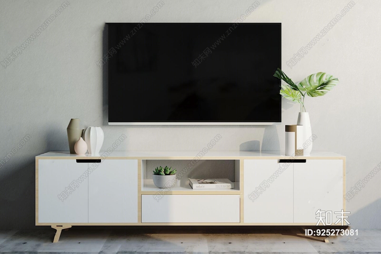 现代实木电视柜电视机摆件组合3D模型下载【ID:925273081】