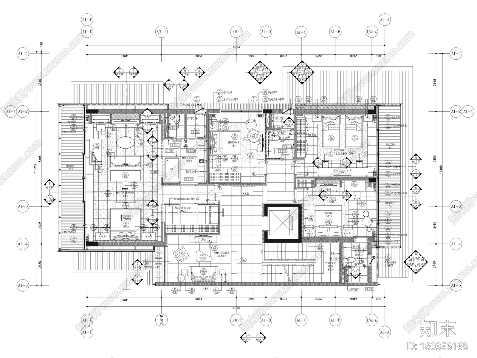 [三亚]晋园三层五居室别墅样板间装修施工图cad施工图下载【ID:180356168】