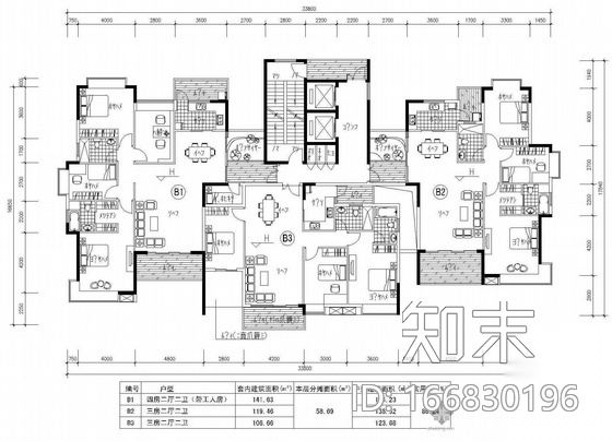 塔式高层一梯三户户型图(164/138/123)cad施工图下载【ID:166830196】