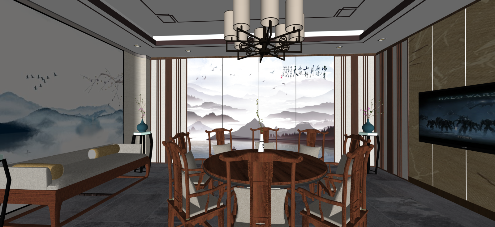 新中式圆桌餐厅SU模型下载【ID:1222284691】
