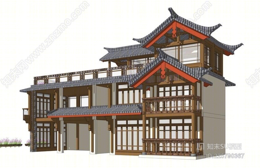 中式独栋别墅SU模型下载【ID:225790367】