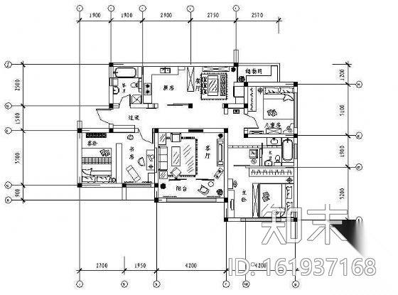 某家装室内设计施工图（三室两厅）施工图下载【ID:161937168】