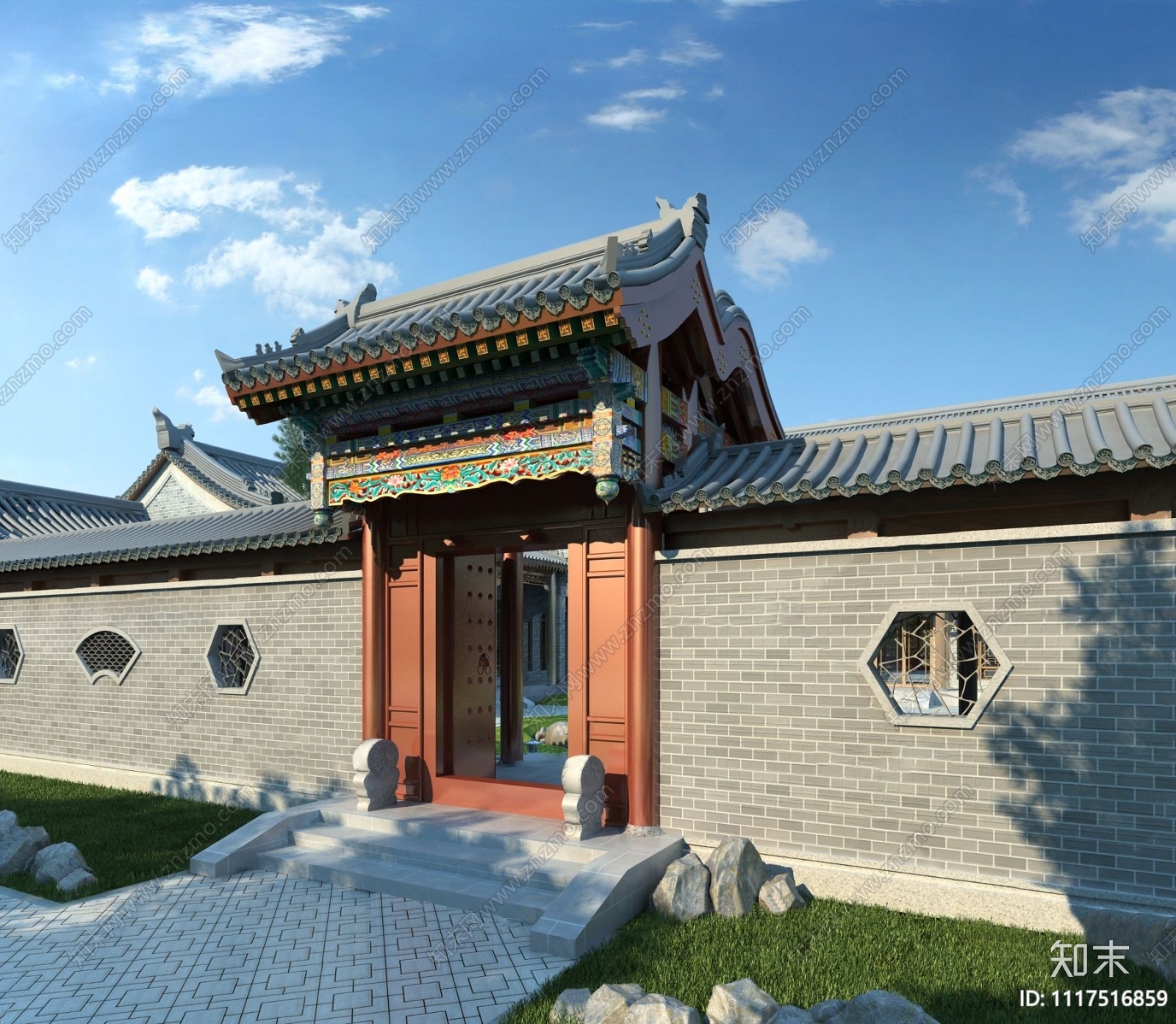 中式四合院大门3D模型下载【ID:1117516859】