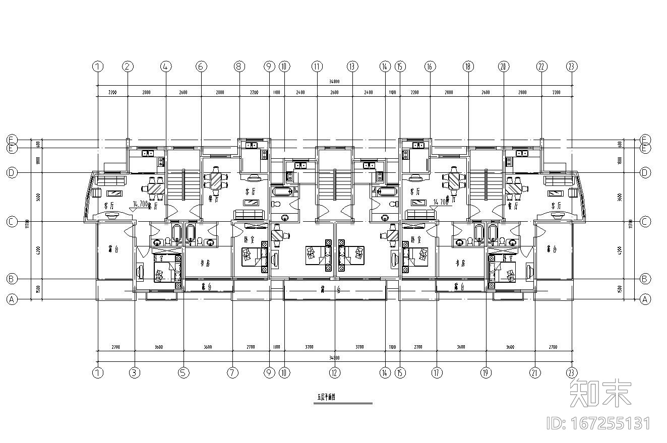 五层单身公寓楼3单元每单元2户对称户型设计施工图下载【ID:167255131】