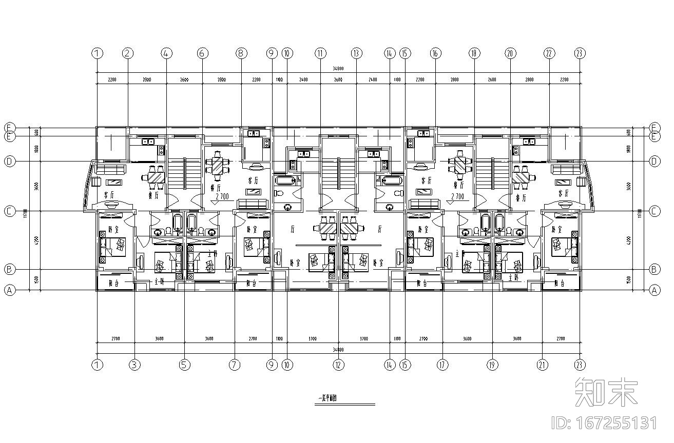 五层单身公寓楼3单元每单元2户对称户型设计施工图下载【ID:167255131】