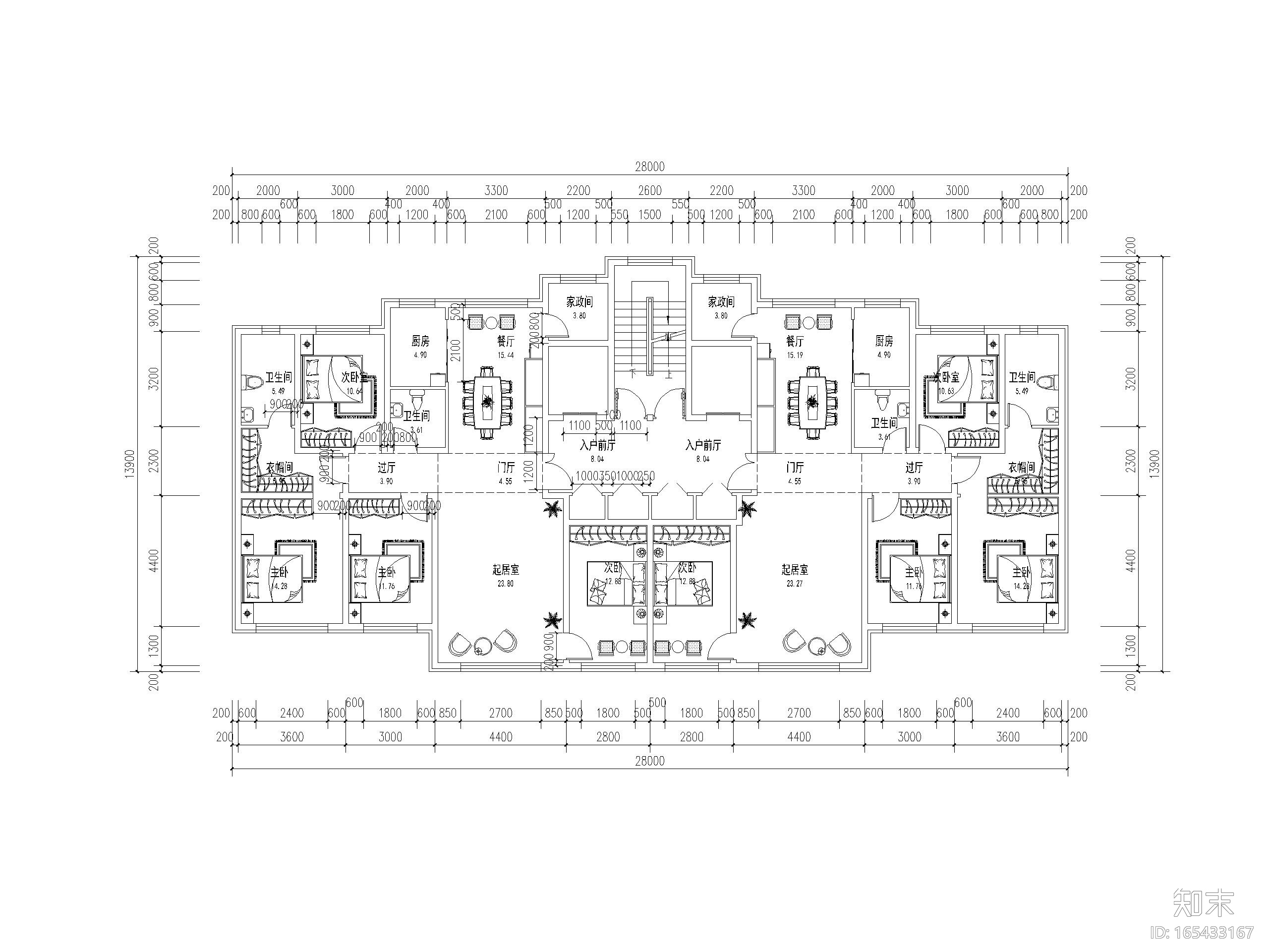 高层住宅标准层户型平面图（CAD）施工图下载【ID:165433167】