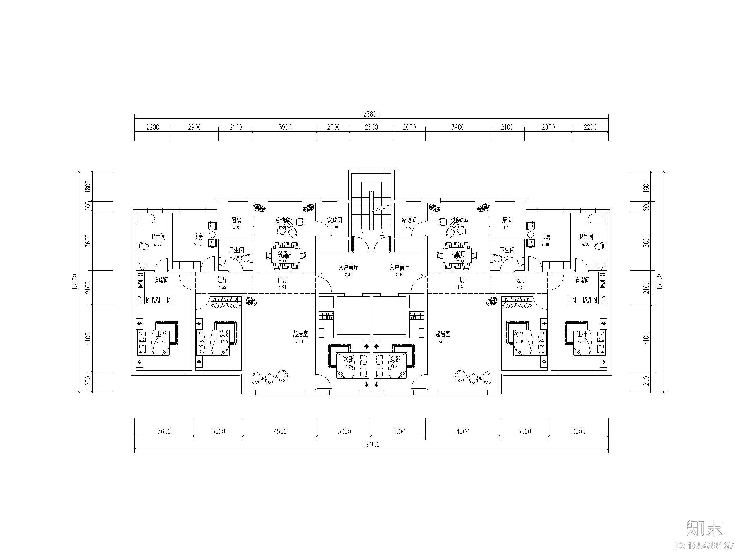 高层住宅标准层户型平面图（CAD）施工图下载【ID:165433167】