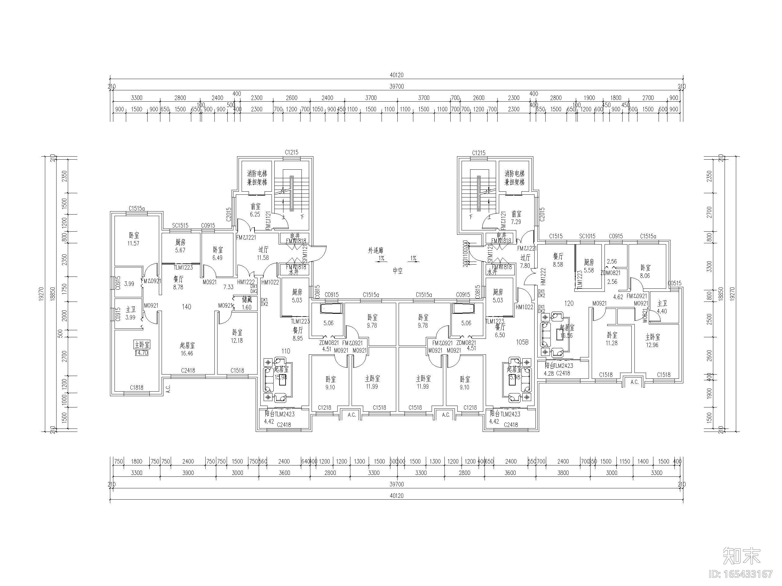 高层住宅标准层户型平面图（CAD）施工图下载【ID:165433167】