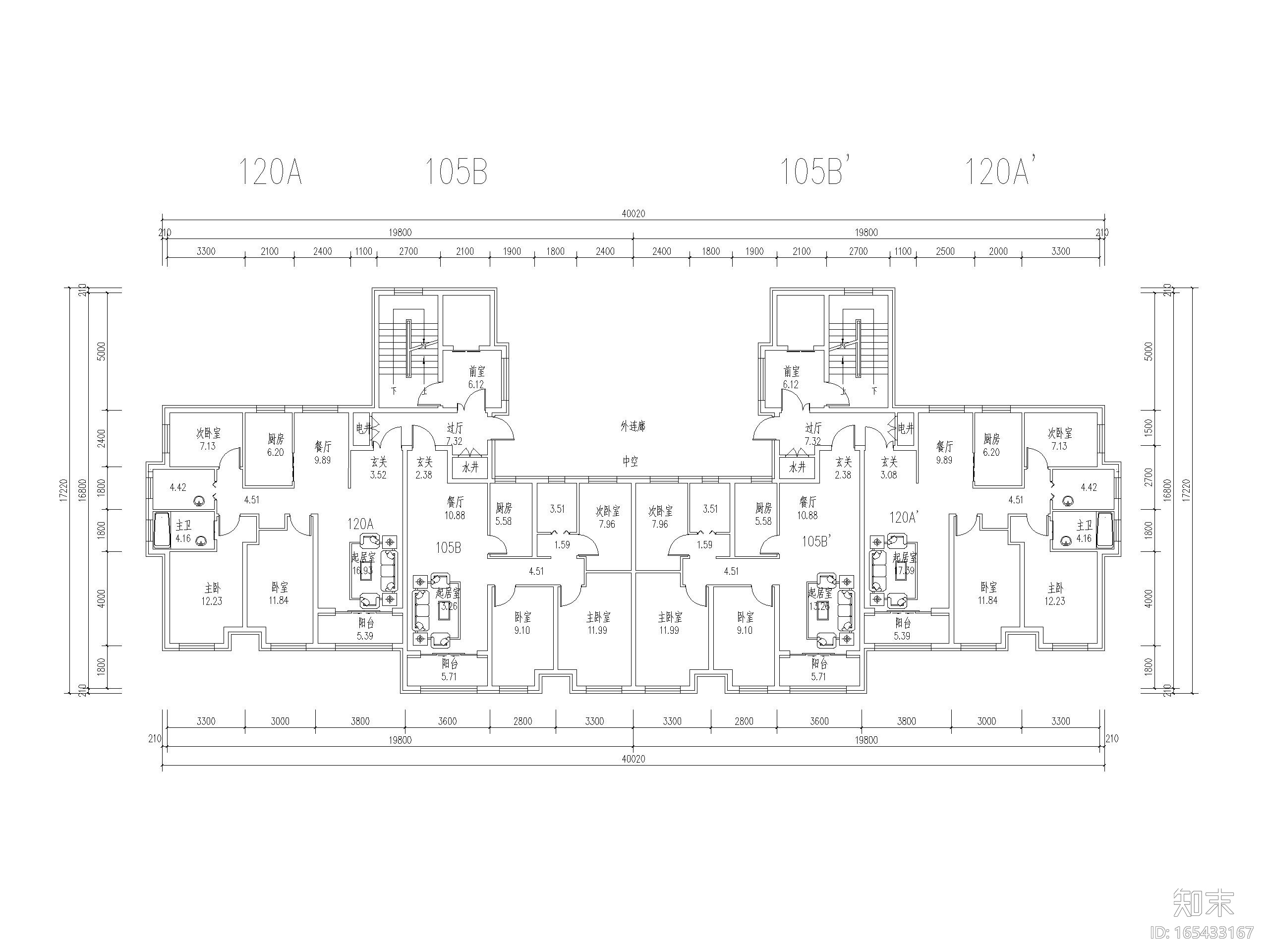 高层住宅标准层户型平面图（CAD）施工图下载【ID:165433167】