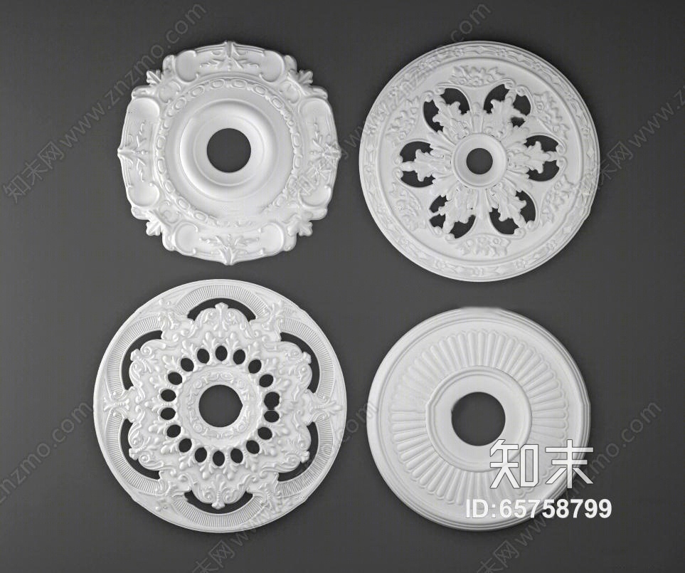 欧式石膏雕花圆顶灯盘组合3D模型下载【ID:65758799】