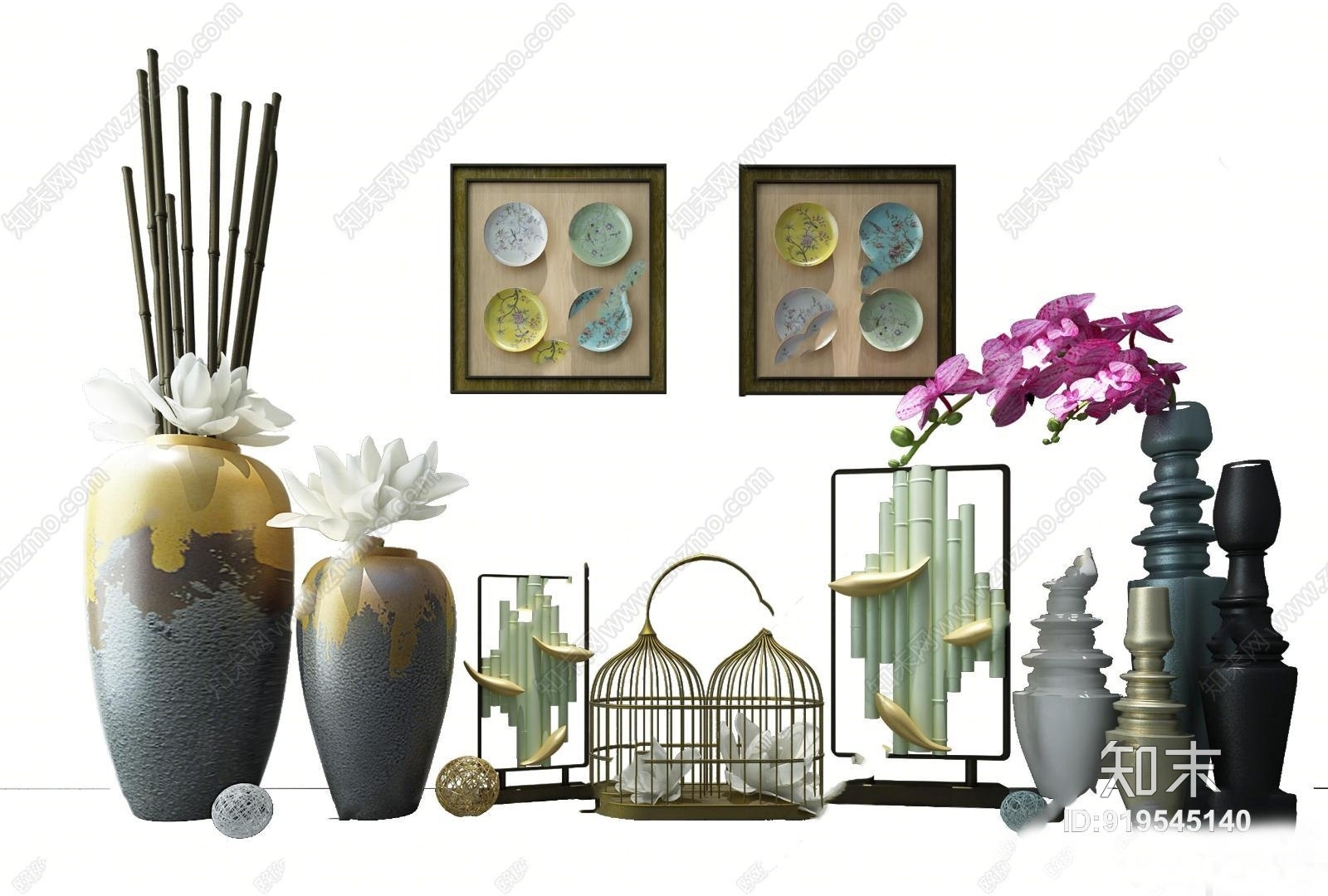 中式花瓶插花挂画鸟笼摆件组合3D模型下载【ID:919545140】