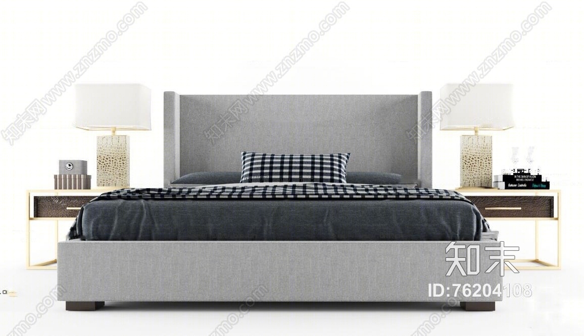 后现代双人床床头柜组合3D模型下载【ID:76204108】