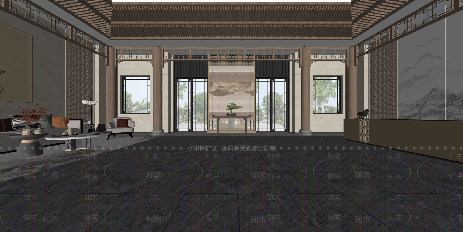 新中式酒店大堂SU模型下载【ID:1215200808】