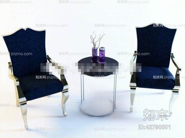 欧式新古典布艺椅子茶几组合3D模型下载【ID:42790501】