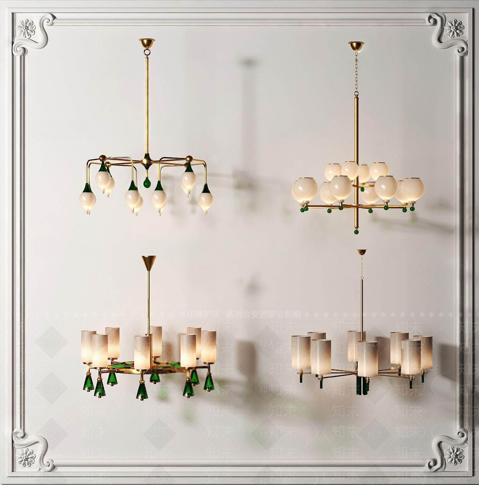 现代玻璃灯罩多头吊灯组合3D模型下载【ID:1118936995】