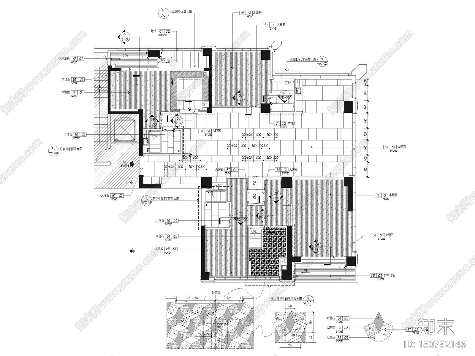 [上海]外滩283m²四居室大平层样板间施工图cad施工图下载【ID:180752146】