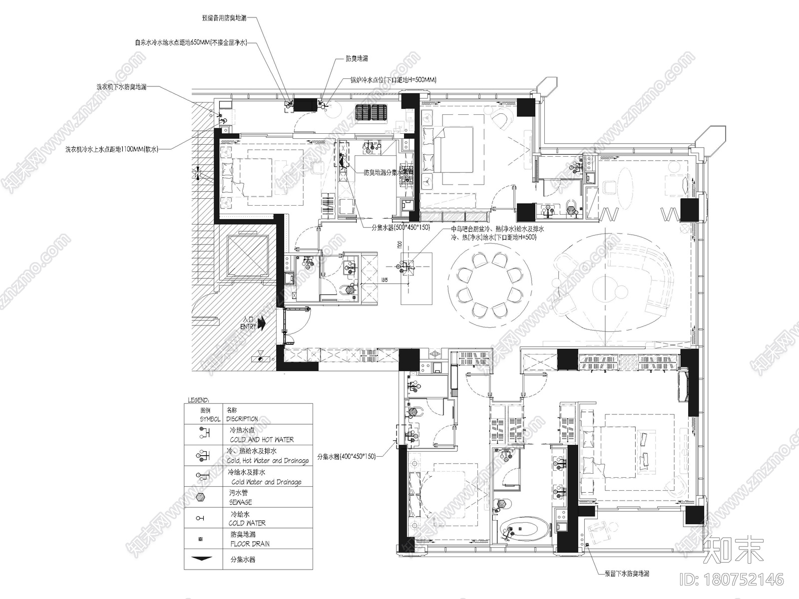 [上海]外滩283m²四居室大平层样板间施工图cad施工图下载【ID:180752146】