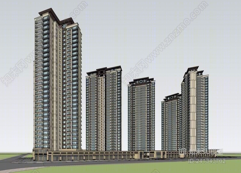 新亚洲风格高层住宅SU模型下载【ID:241343702】