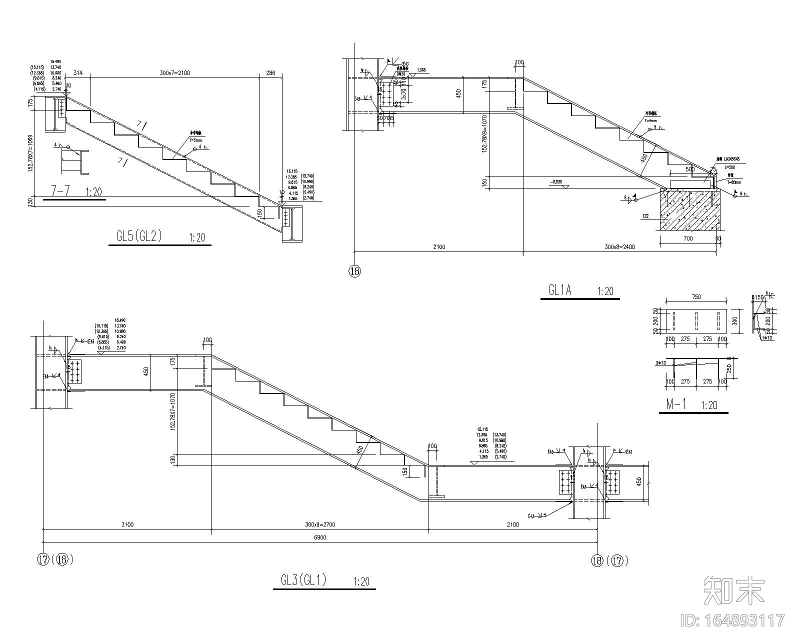 某复杂钢结构楼梯设计施工图（CAD）施工图下载【ID:164893117】