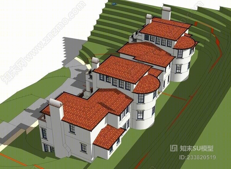 西班牙双拼别墅SU模型下载【ID:233820519】