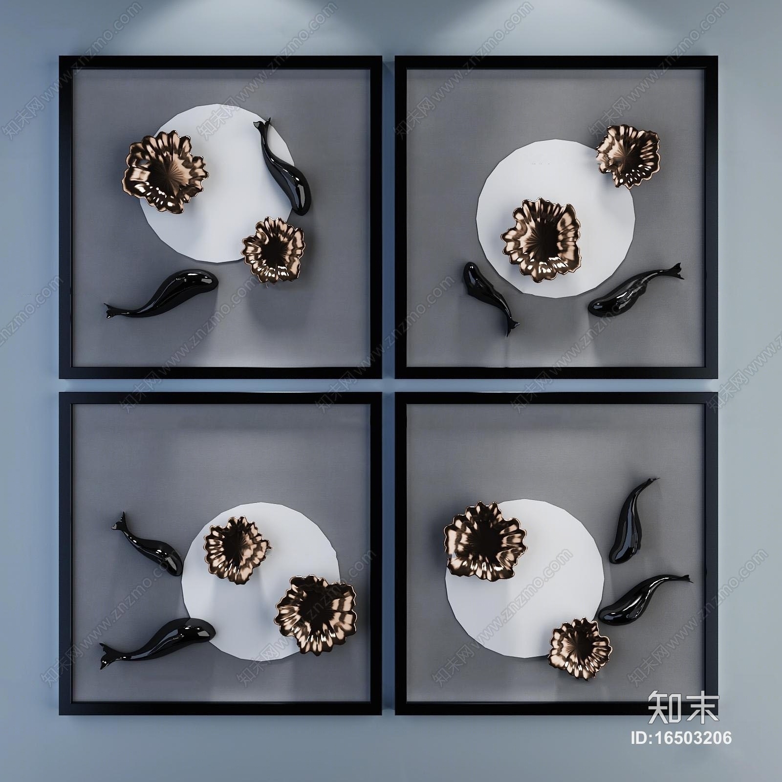 新中式花鱼立体装饰画3D模型下载【ID:16503206】