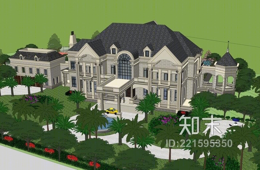 法式独栋别墅SU模型下载【ID:221595350】