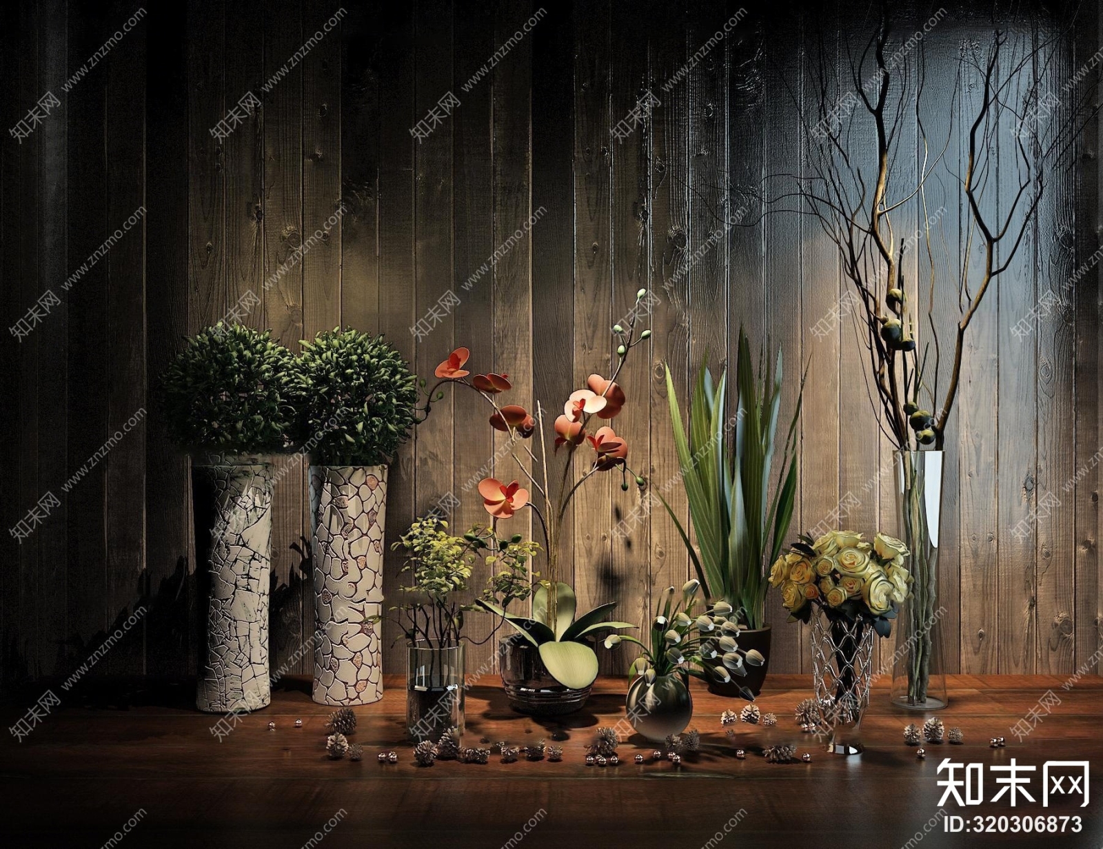 现代陶瓷玻璃花瓶插花组合3D模型下载【ID:320306873】