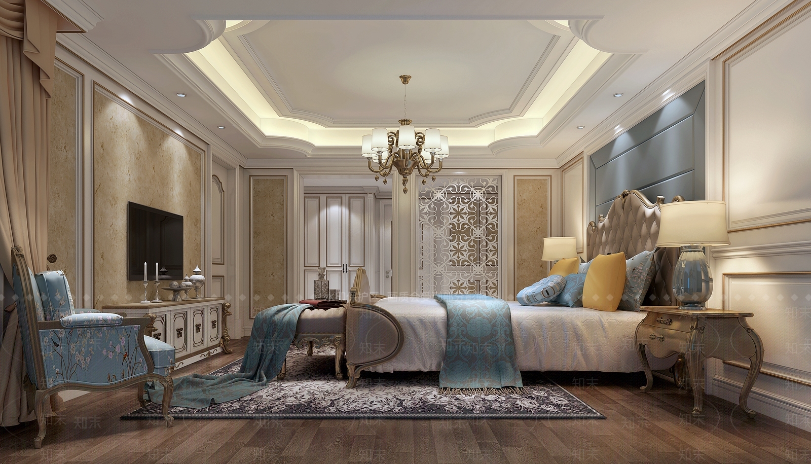 法式卧室床吊灯台灯电视柜休闲椅地毯3D模型下载【ID:433004399】